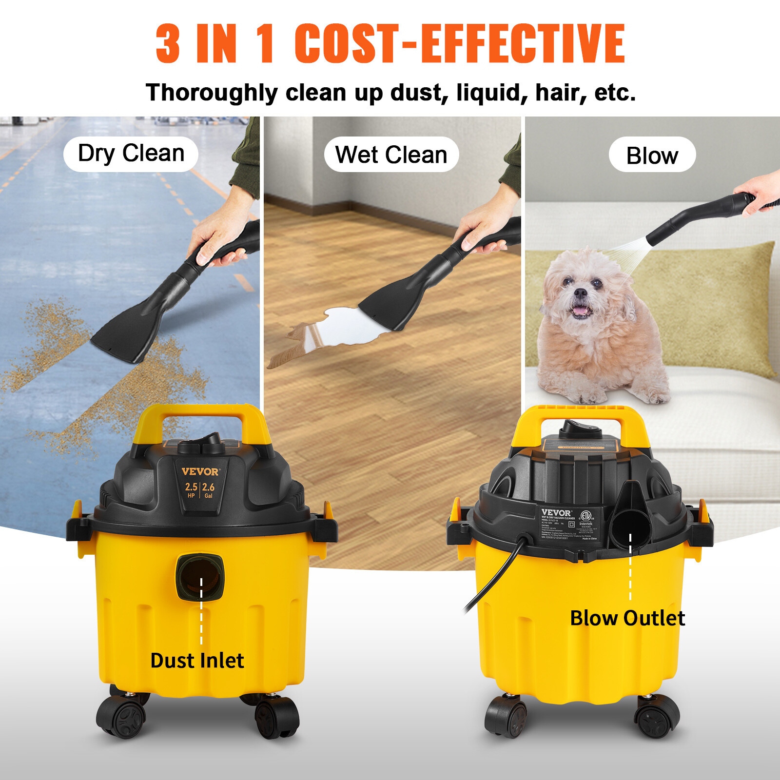 Wet Dry Vac Vacuum Cleaner 2.6 Gallon 2.5 Peak HP 3in1 Shop Vac Blower Cleaner