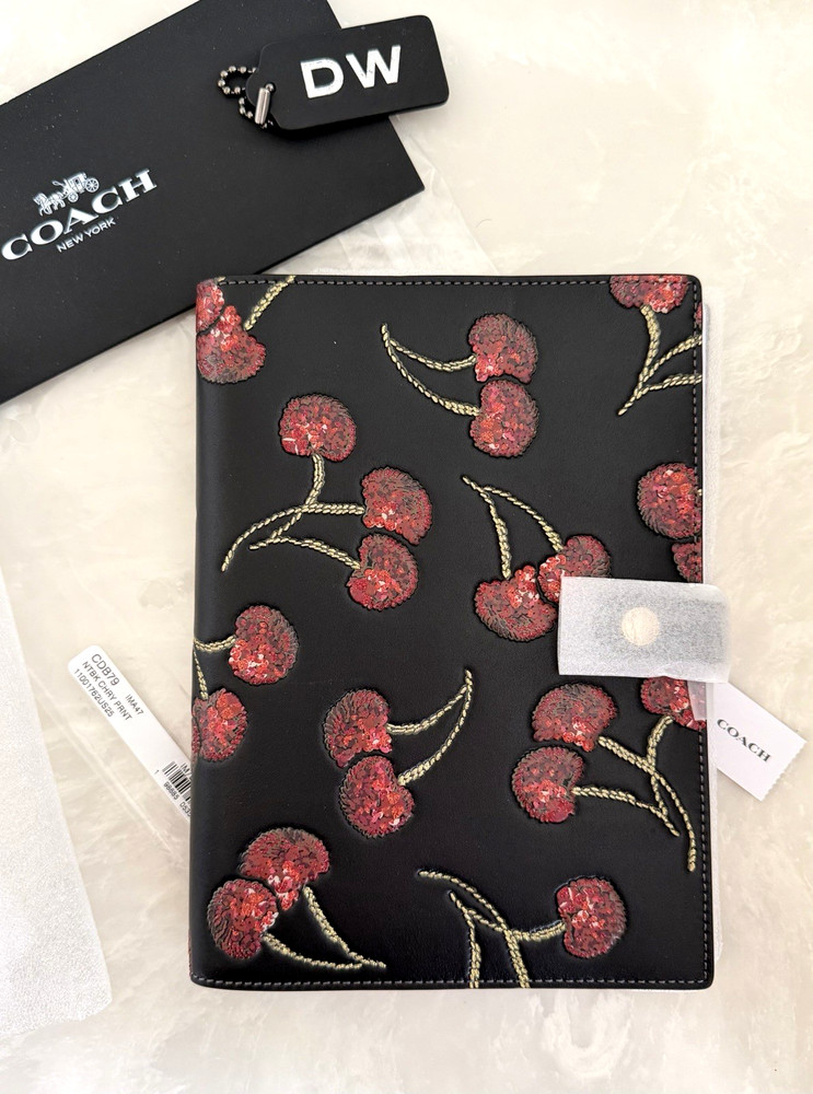 NWT COACH BLACK/RED GLITTER CHERRY NOTEBOOK CDB79