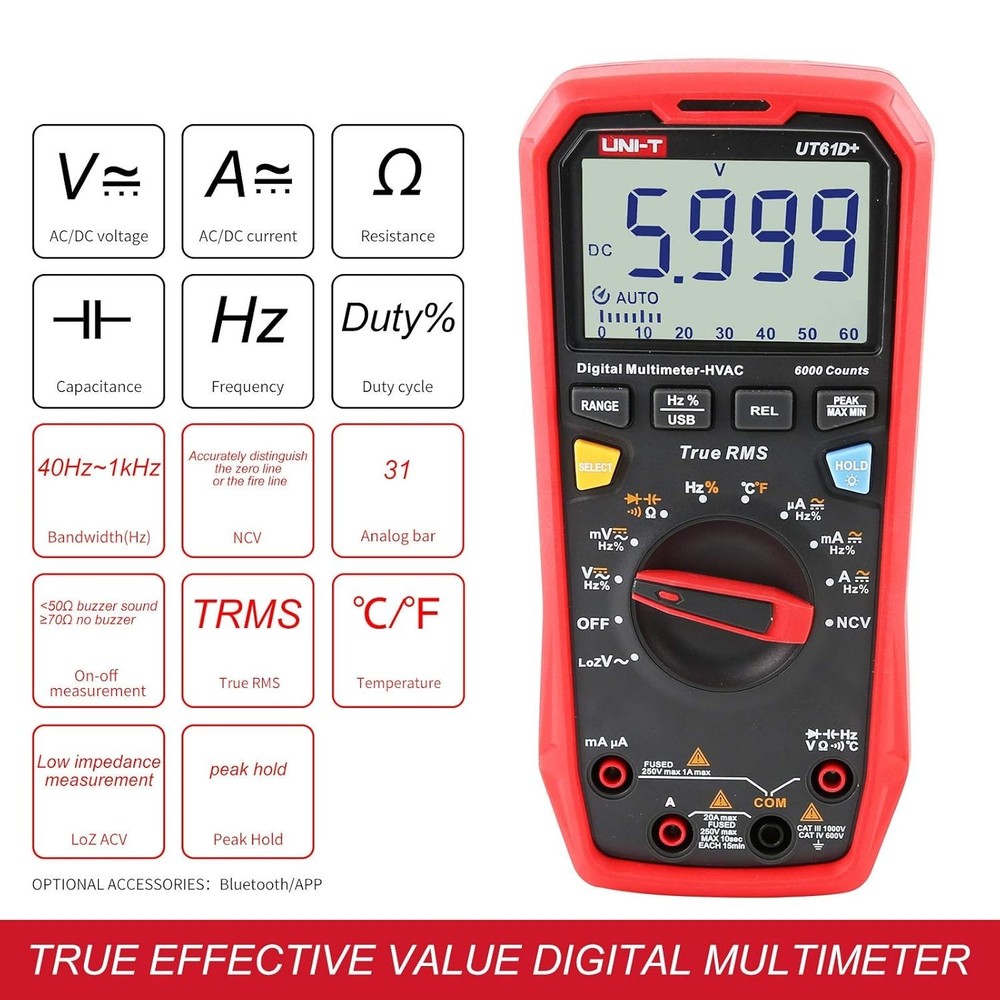Digital Multimeter True RMS AC/DC Voltage Current Resistance Capacitance Tester