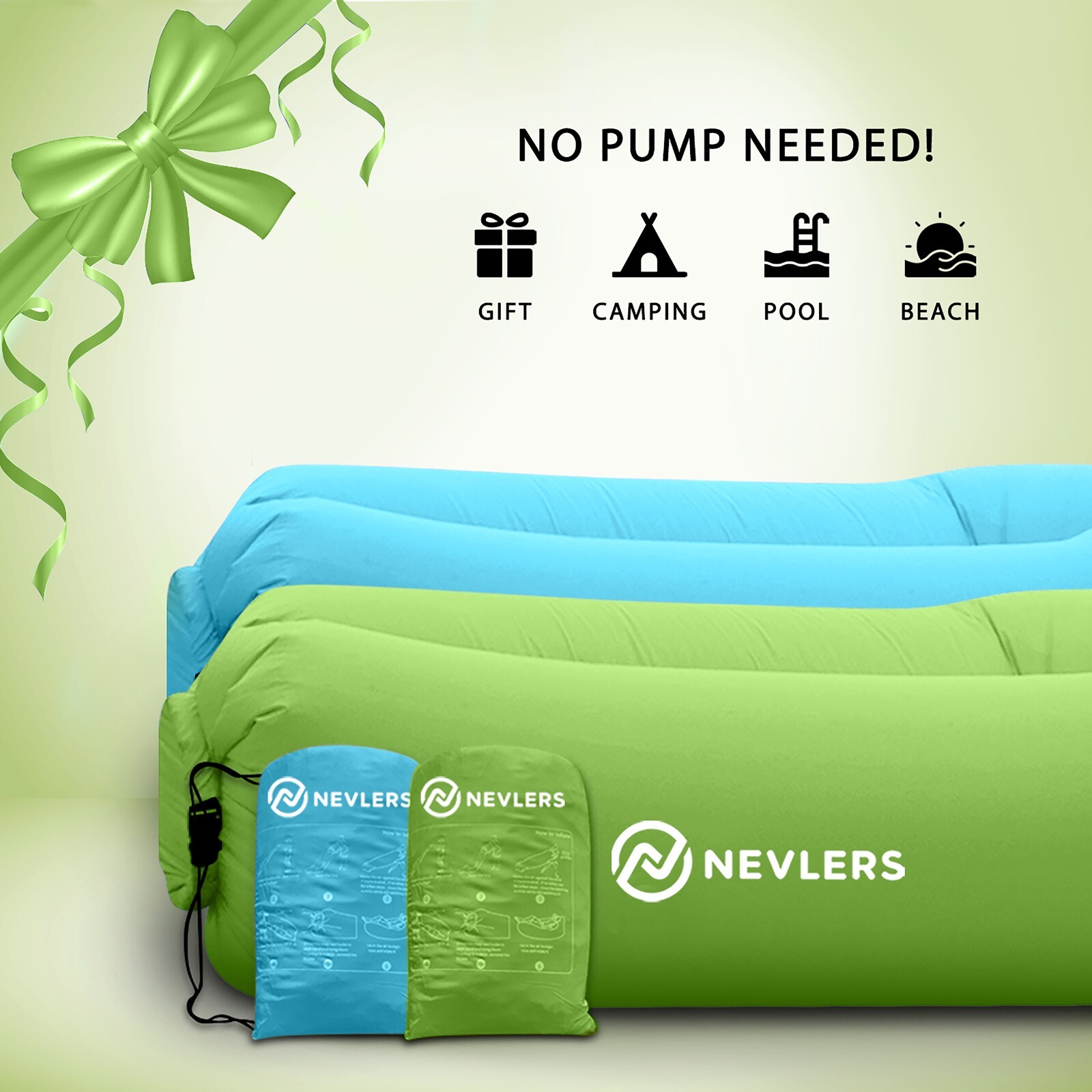 Mockins Inflatable 2 Pack Blue & Green Blow Up Lounger Beach Chair & Travel Bag