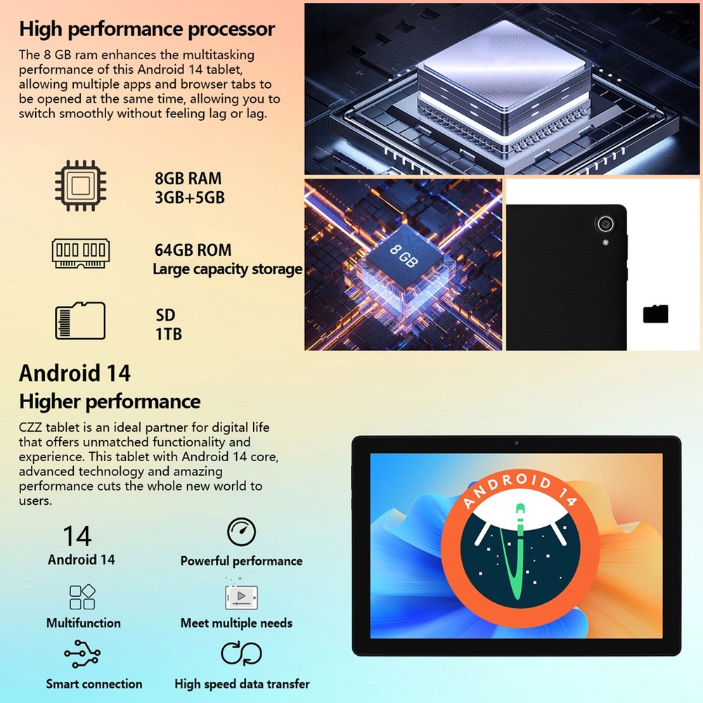 10 inch Octa-Core Android 14 Tablet 8+64GB ROM,Dual Camera Bluetooth WIFI