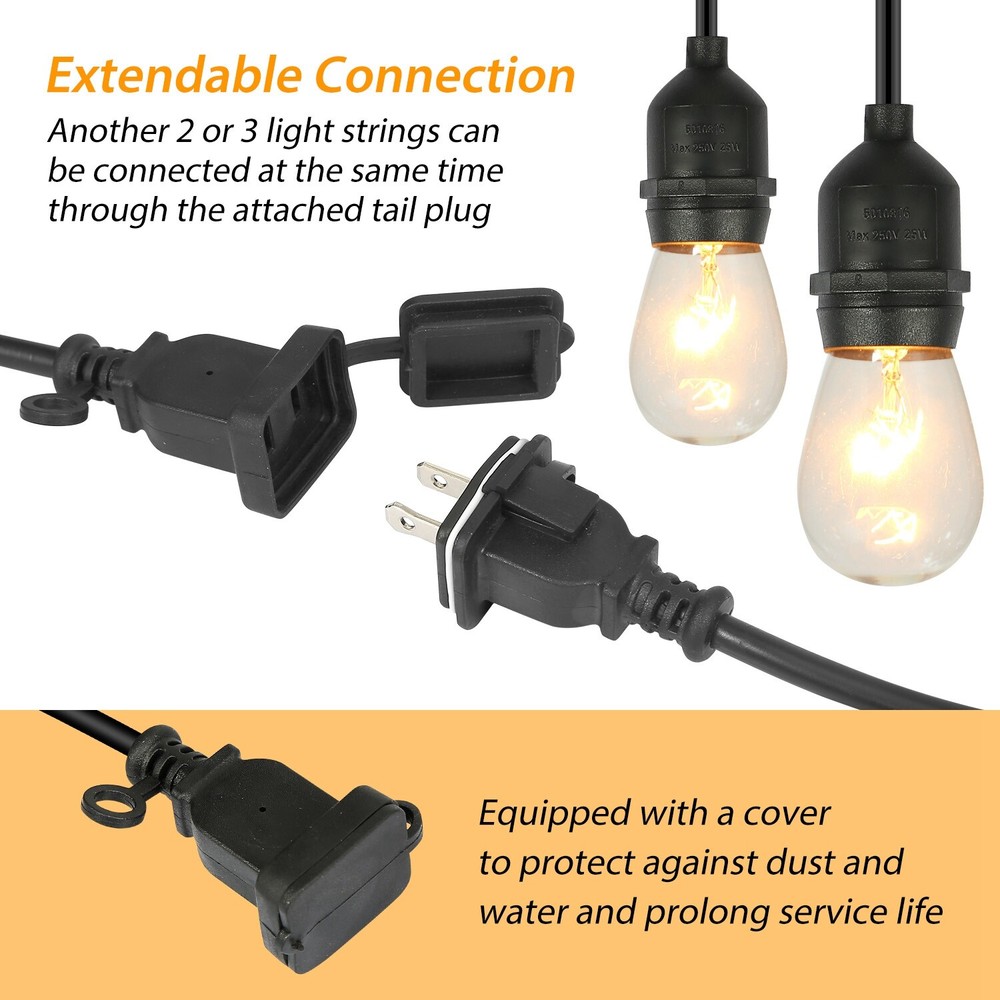 48 ft Outdoor String Lights Commercial Weatherproof Edison Vintage Bulbs Sockets