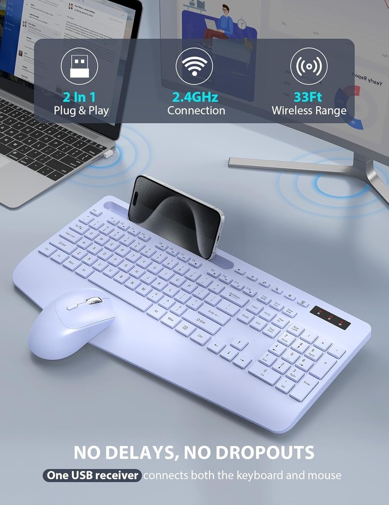 Wireless Keyboard and Mouse Combo - Full-Sized Ergonomic Keyboard with Wrist ...