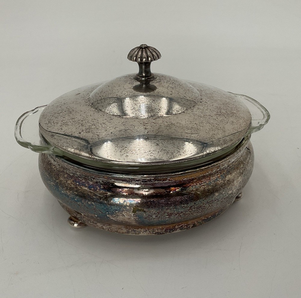 Vintage Sheffield Silver Co. Plate Lid Serving Dish W/ Pyrex Glass Bowl Insert