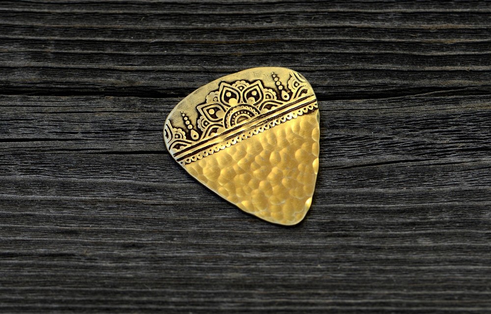 Bronze mandala mendhi guitar pick with sparkling hammered texture - handmade
