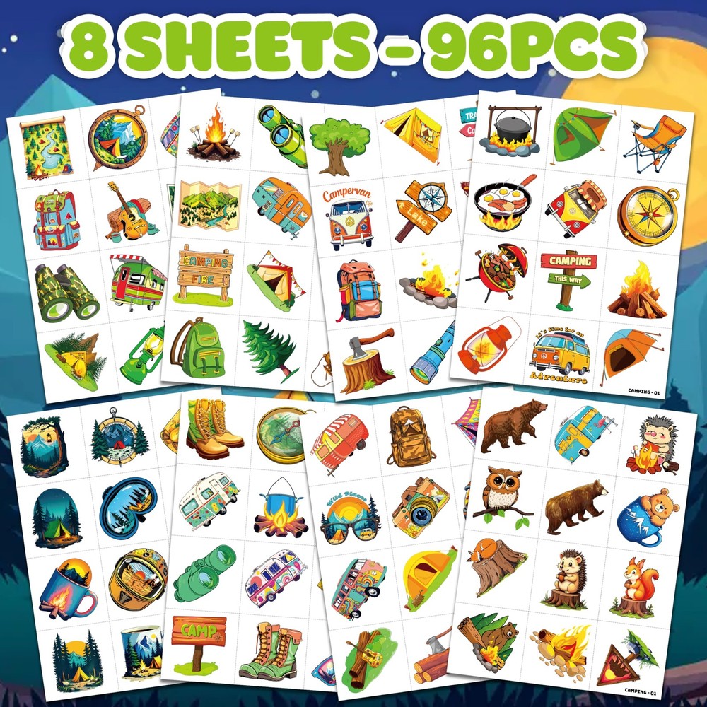 96PCS Camping Camp Camper Campfire Pre-Cut Temporary Tattoos Medium, multiple