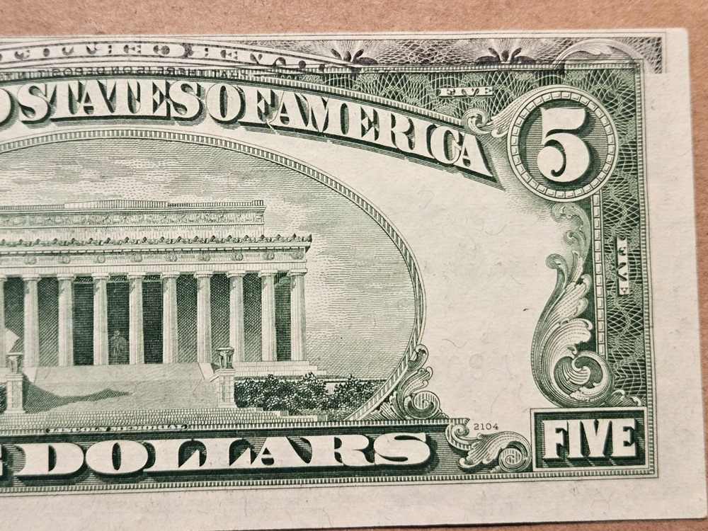 1953 $5 Silver Certificate Note Partial Offset Ink Transfer Error on Reverse