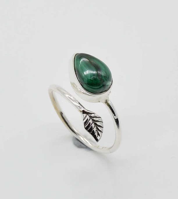 Solid 925 Sterling Silver Natural Green Leaf Malachite Gemstone Bypass Band Ring