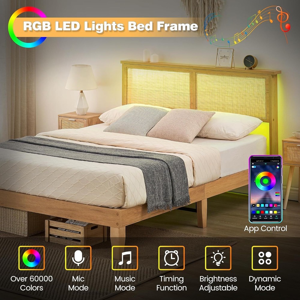 ✅Full Bed Frame W/Rattan Headboard Platform Bed Frame LED Lights Wood Headboard