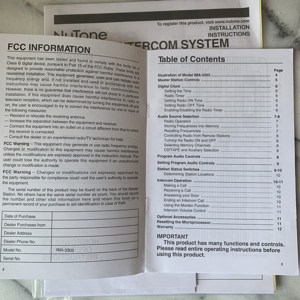 NuTone IMA-3303 Operating Instructions Owners Manual Radio Intercom Installation