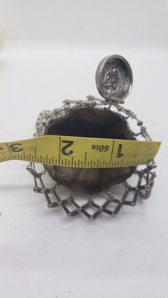 Vintage chatelaine Silver Mesh Coin Purse Compact Expanding Frame Enamel Accent