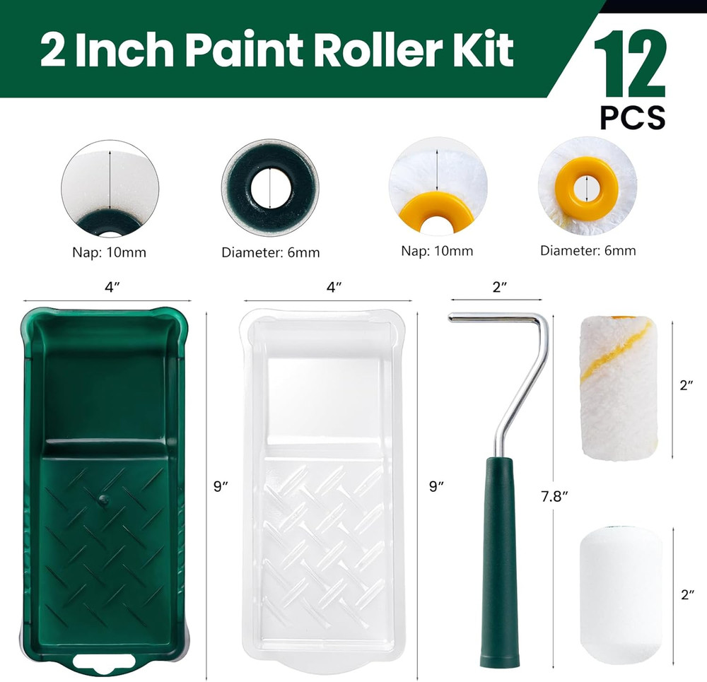 Paint Roller Kit, 12 Pack, 2 Inch Paint Roller, Mini Paint Roller with Tray Line