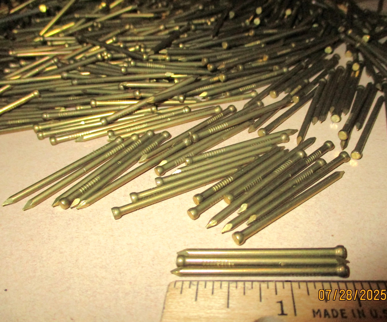 50 - ORIG. VINTAGE, 1 1/2" LONG X #14 - SOLID BRASS FINISH NAILS MADE IN U.S.A.