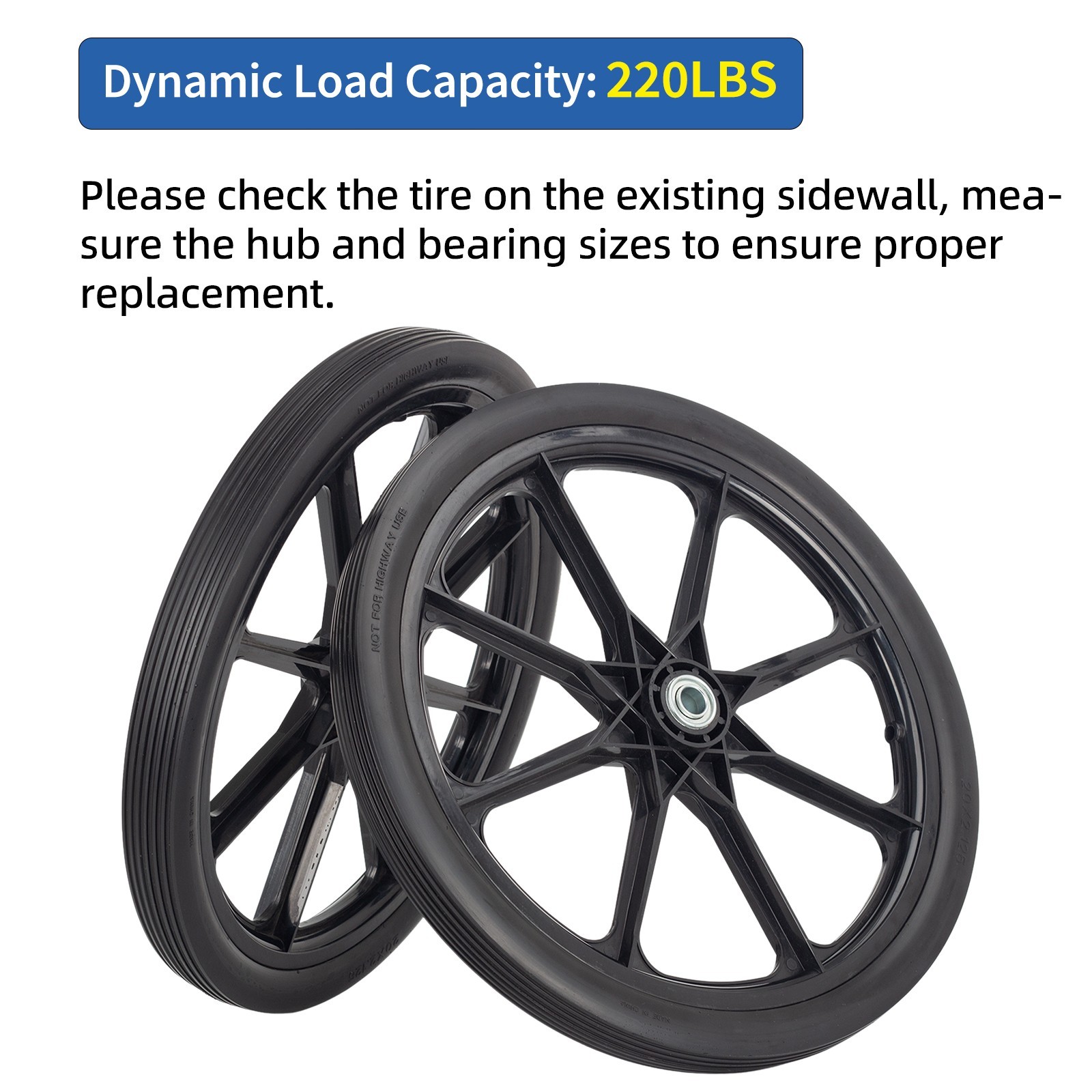 2-Pack 20" Flat Free Tire & Wheel For Rubbermaid Wheelbarrow, Garden Yard Cart