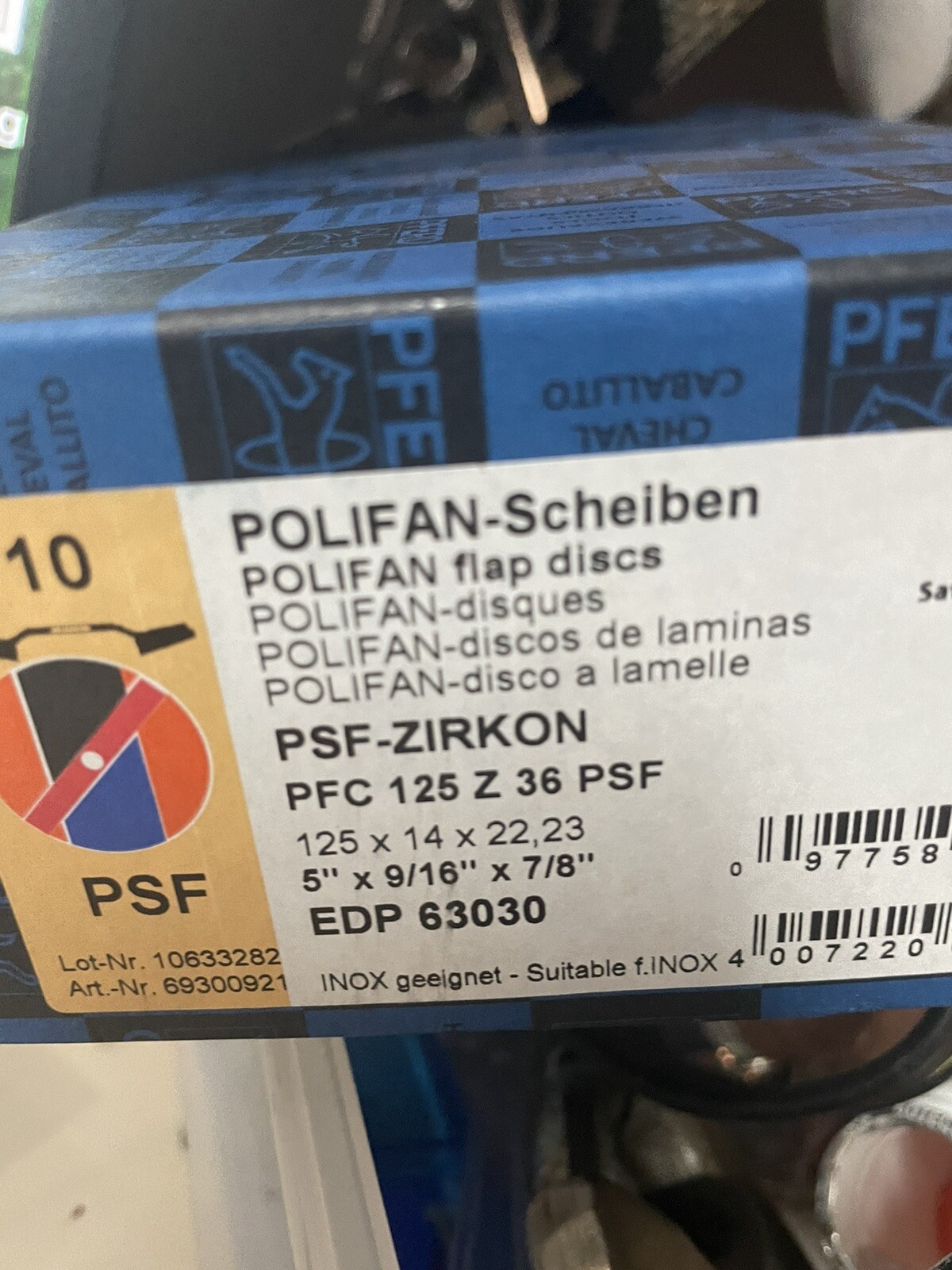 10 pack Pferd 63030 5" X 9/16x7/8 Polifan Flap Disc 36 grit psf zirkon