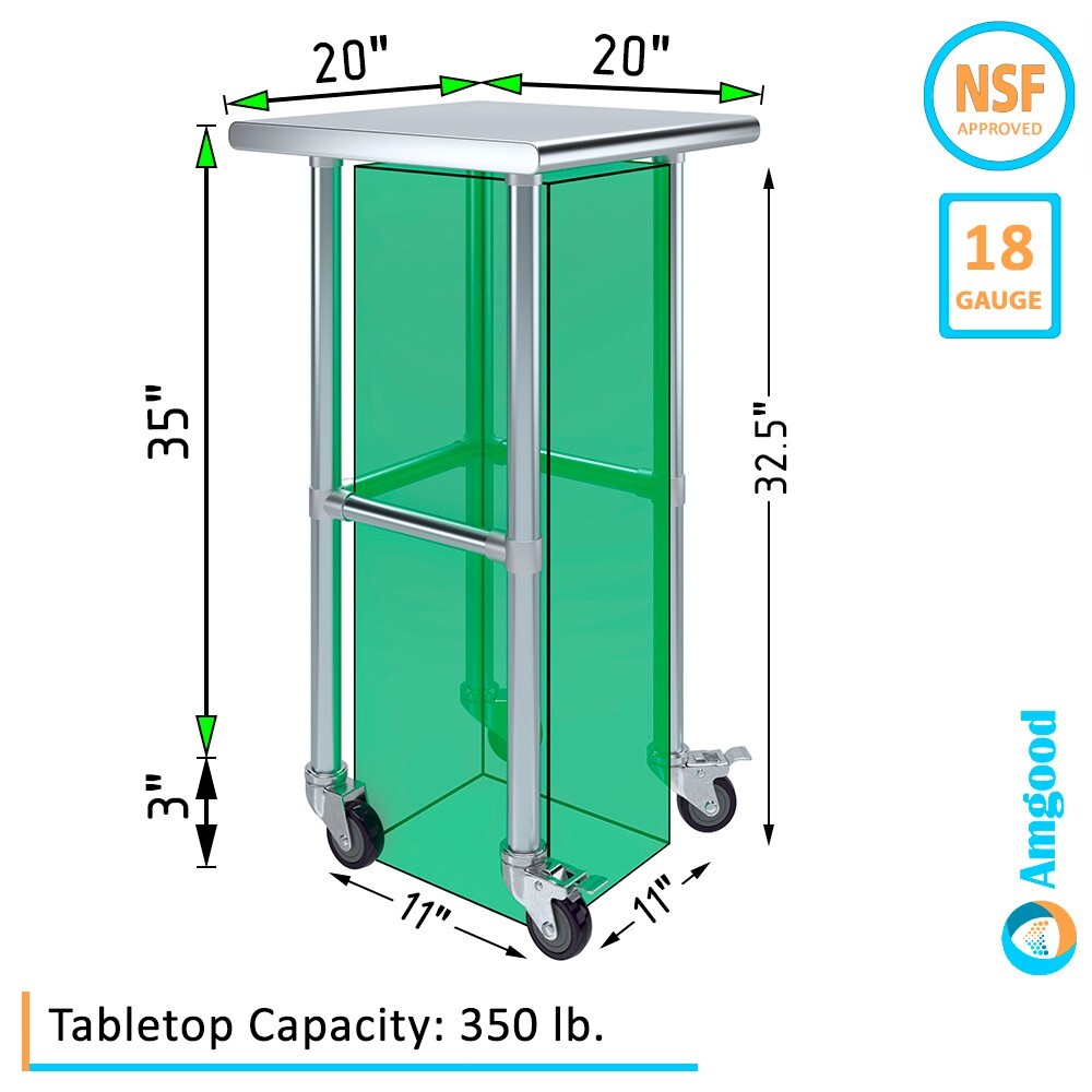 20 in. x 20 in. Stainless Steel Work Table Open Base & Wheels | Mobile Table