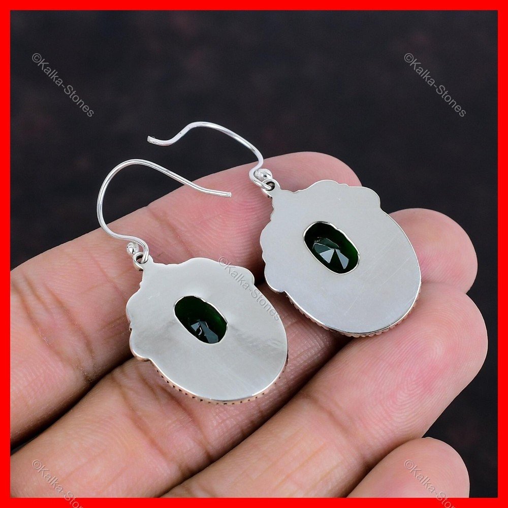 Oval Chrome Diopside Gemstone Sterling Silver Hook Dangle Drop Artisan Earrings