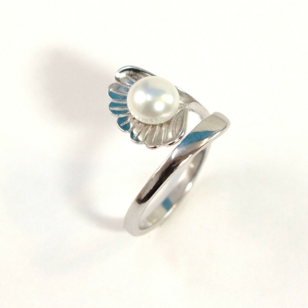 Solid Sterling Silver .925 White Pearl Ring Shell Style Adjustable Ring Size TP