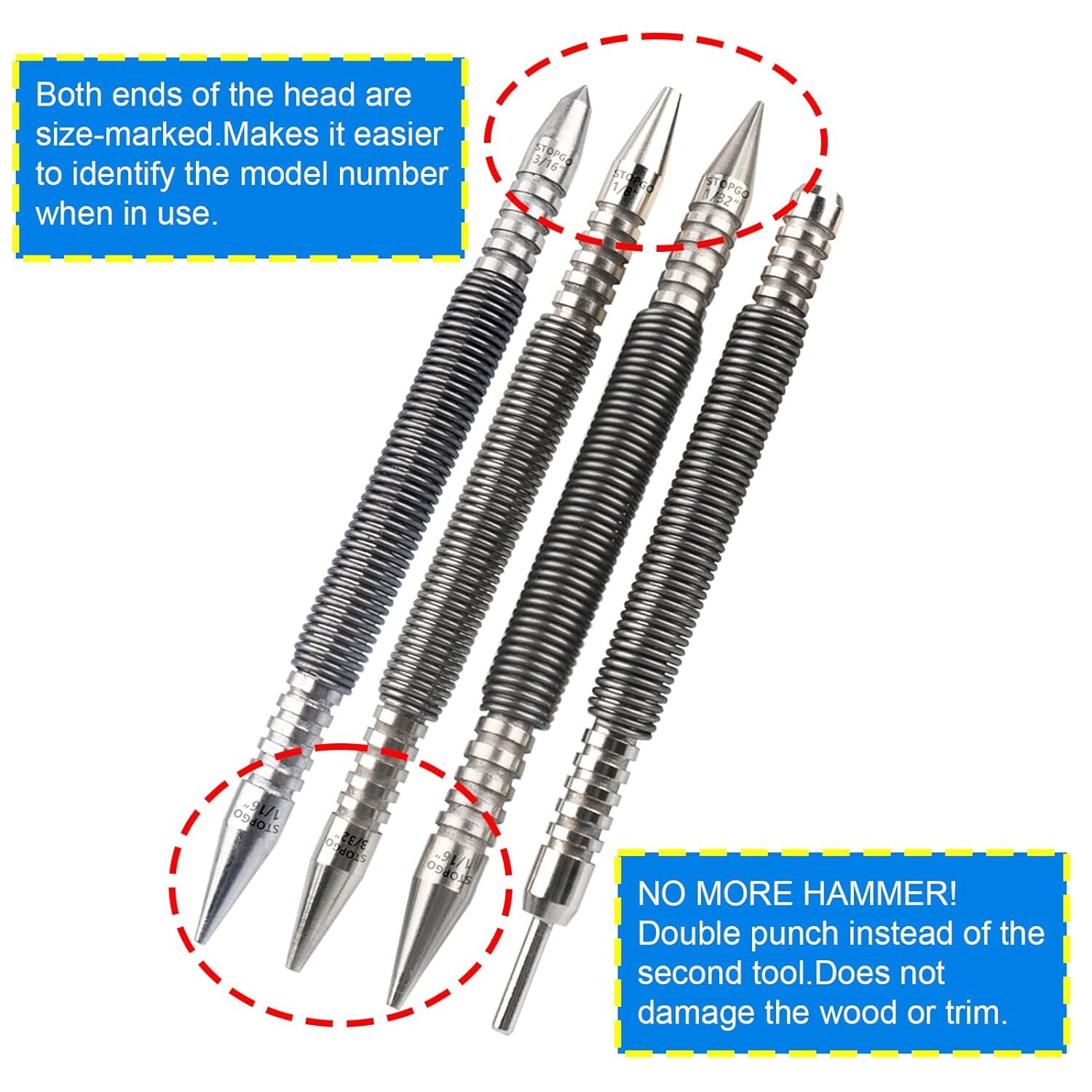 4Pcs Spring Loaded Nail Set Tool, Hammerless Center Punch for Trim Carpentry