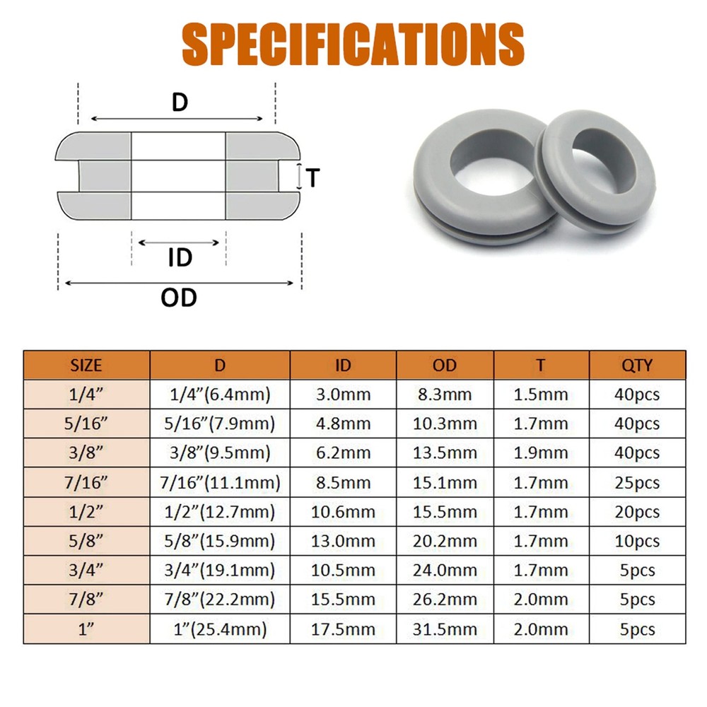 ISPINNER 190pcs Rubber Grommet Assortment Kit, 9 Sizes Eyelet Ring Grey