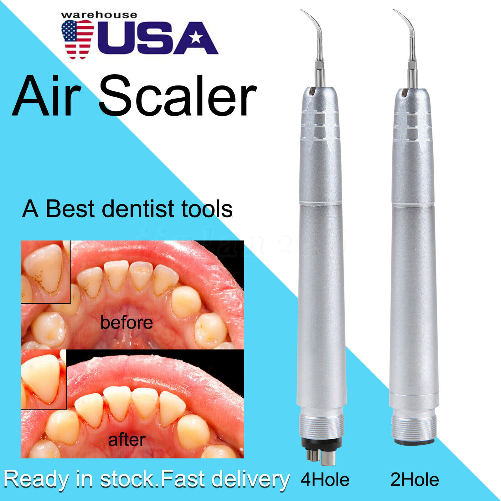 USA Dental Ultrasonic Air Perio Scaler Handpiece Hygienist 2/4-Holes With 3 Tips