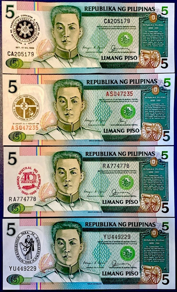 4 PHILIPPINES NOTES 5 PESOS COMMÉMORATIVES 1986-1991 ALL 4 UNC & ALL DIFFERENT!!