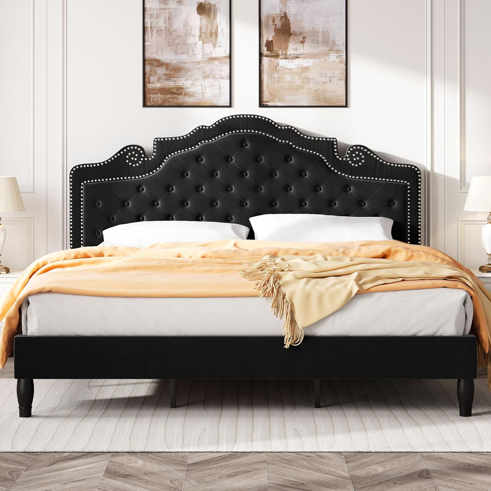 Luxurious Black King Size Platform Bed Frame with Adjustable Velvet Headboard