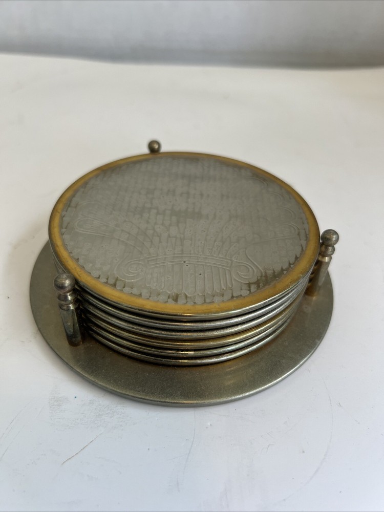 VTG Silver Plated 7 Piece 6 Coaster Set & Holder Etched With Shell Design