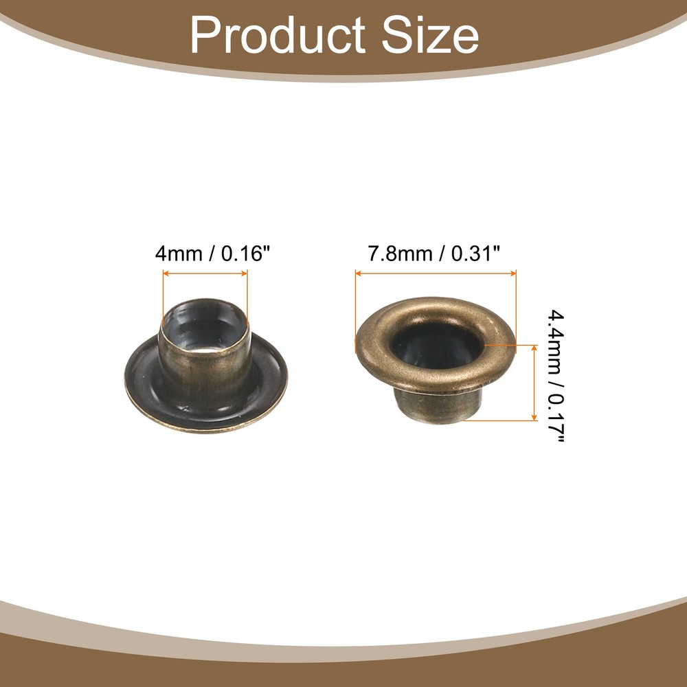 100Set Grommets Eyelets Kit 4mm Brass Eyelets with Washers, Brown