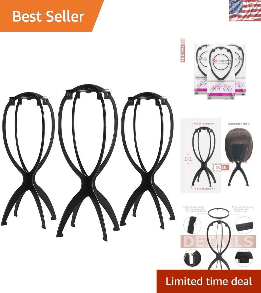 Durable 14.2'' Collapsible Wig Stand - Storage Solution for 3 Wigs, Black