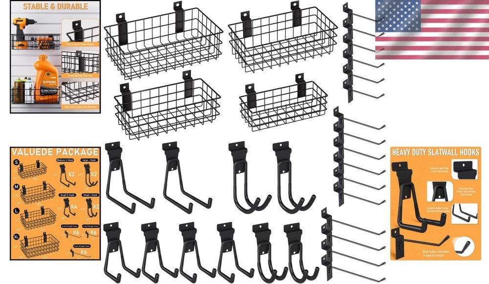 30PC Slatwall Accessories Set with 26 Heavy Duty Hooks & 4 Baskets for Storage