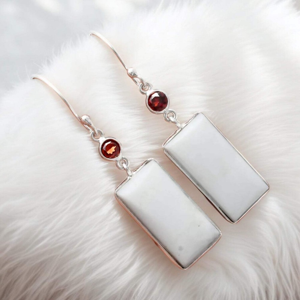 White Opal & Garnet Solid 925 Sterling Silver Earrings