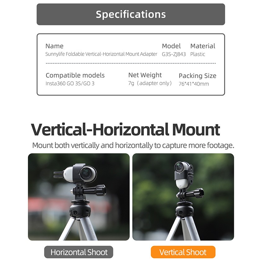 Foldable Vertical-Horizontal Mount Adapter for Insta360 GO 3S/GO 3