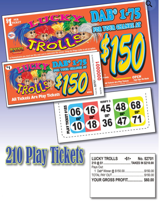 Pull Tab Tickets - Hard Card - Game - Lucky Trolls - 210 ct ea