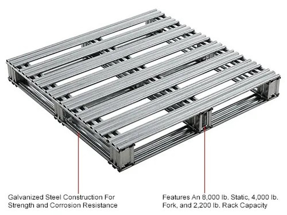 Stackable Open Deck Pallet, Galvanized Steel,2-Way,36"x36",8000 Lb Stat Cap