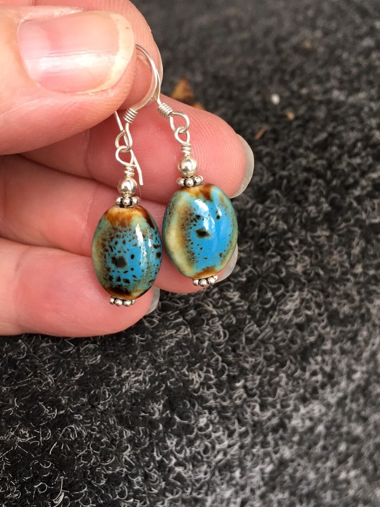 Sterling silver Ceramic bead Earrings-Earthtones-Boho chic-Pre-owned