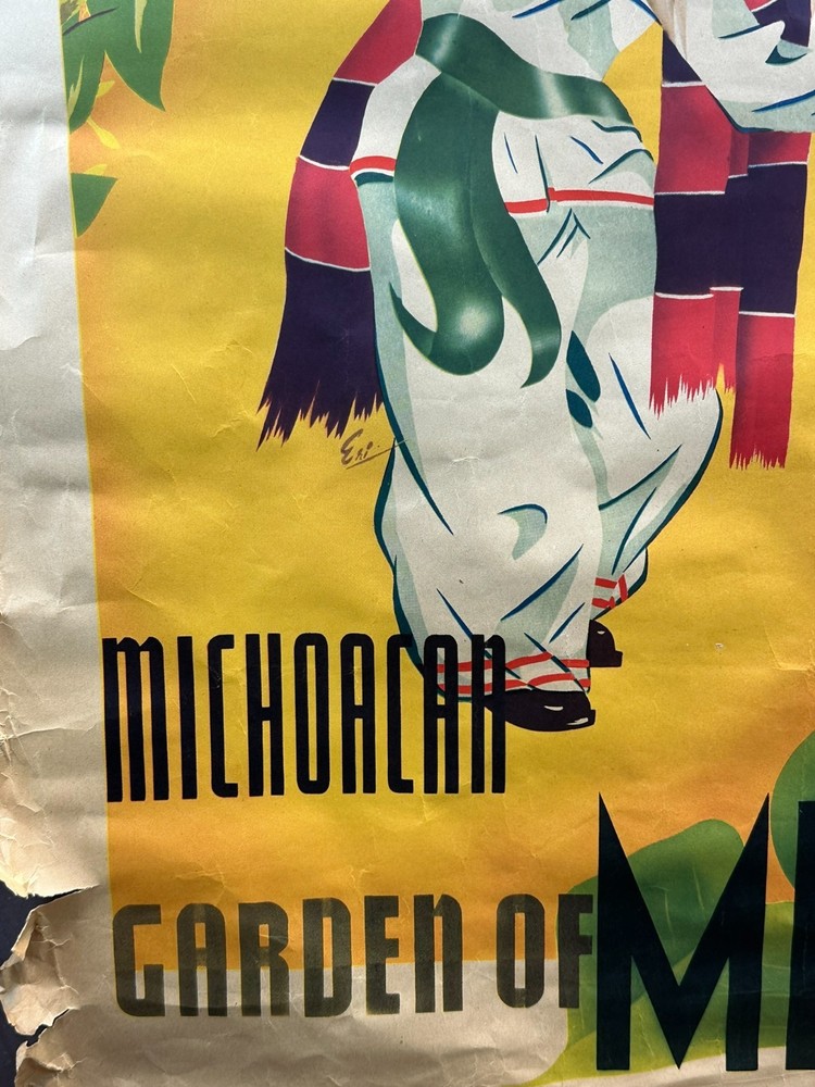 Vtg 50s Garden of Mexico Los Viejitos Dancer Original Tourism Poster 23"x35" O1