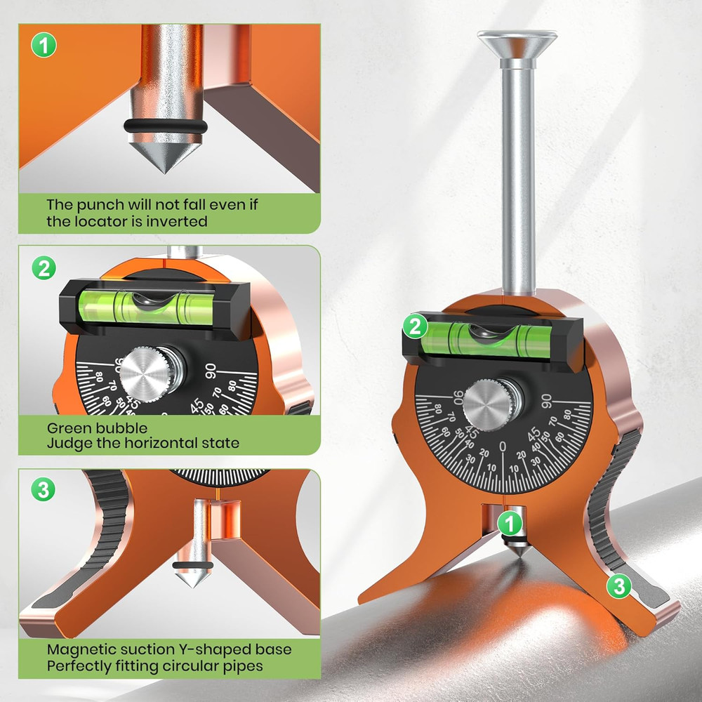 Precision Pipe Center Finder with Magnetic Base and Dial Bubble Protractor