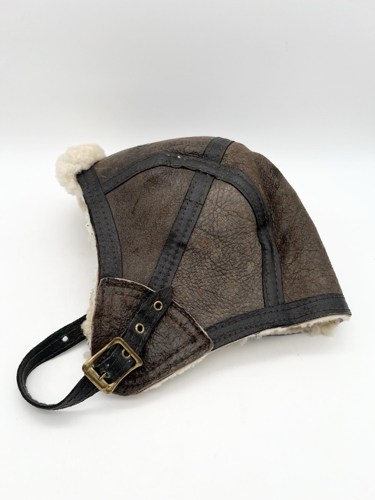 Vintage Shearling Leather Aviator Hat Flight Cap Brown Large Bomber