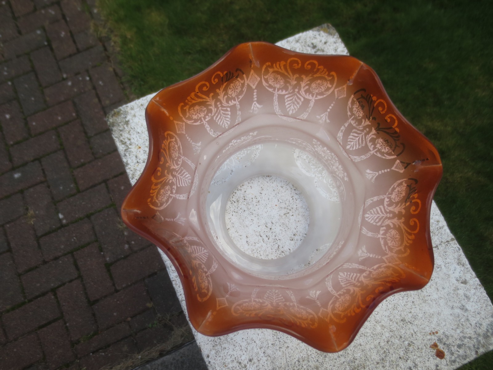 ORIGINAL ANTIQUE TALL GLASS DUPLEX ACID ETCHED TULIP OIL LAMP SHADE