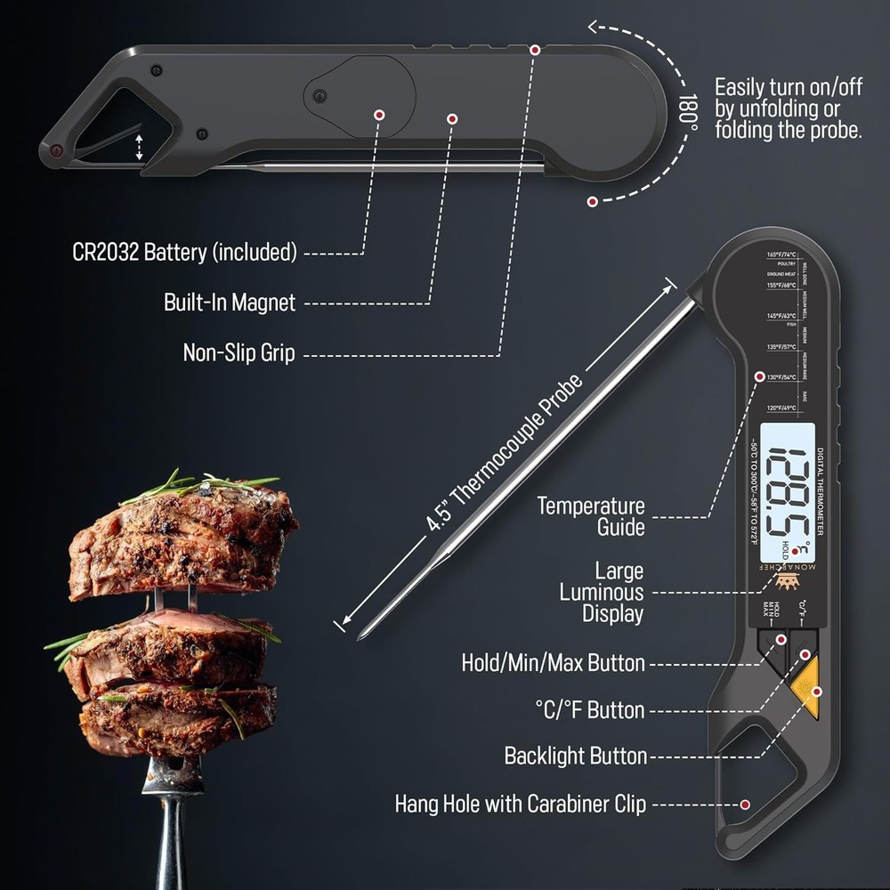 Monarchef Instant Read Digital Meat Thermometer - Waterproof 1s Fast Reading