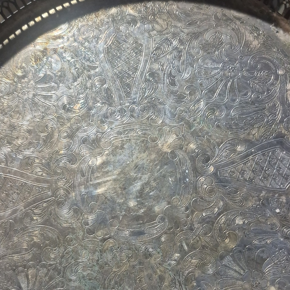 Ornate Silver-Plated Decorative Tray with Engraved Design, Elegant Serving Piece