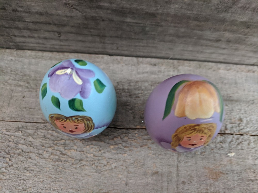 Pair of Hand Painted Wooden Spring Time Easter Eggs