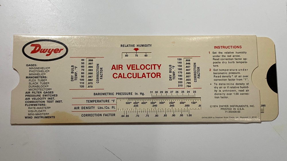 Dwyer Instruments - AIR VELOCITY CALCULATOR Slide Chart 1974