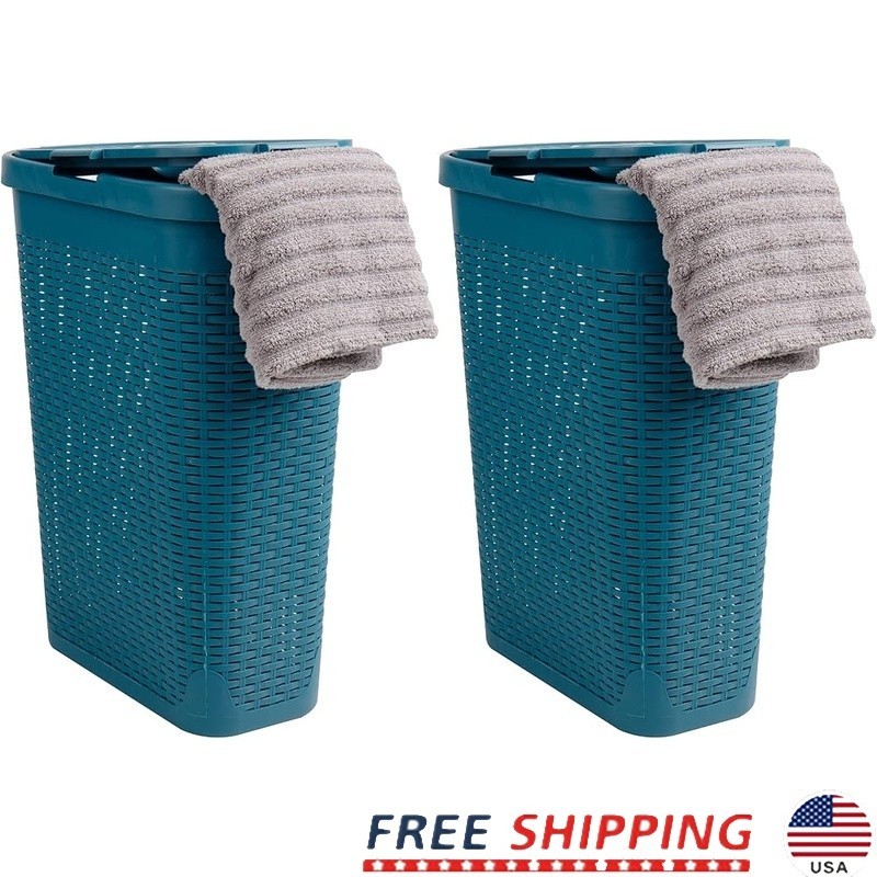 Portable Laundry Hamper Lightweight Rectangular Wicker Basket W/ Lid Set of 2 US