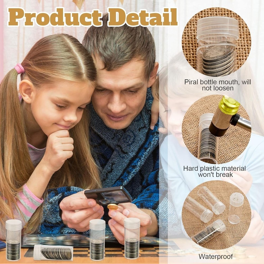 Compact Clear Plastic Quarter Storage Tubes - 45 Count with Rotatable Screw Lids