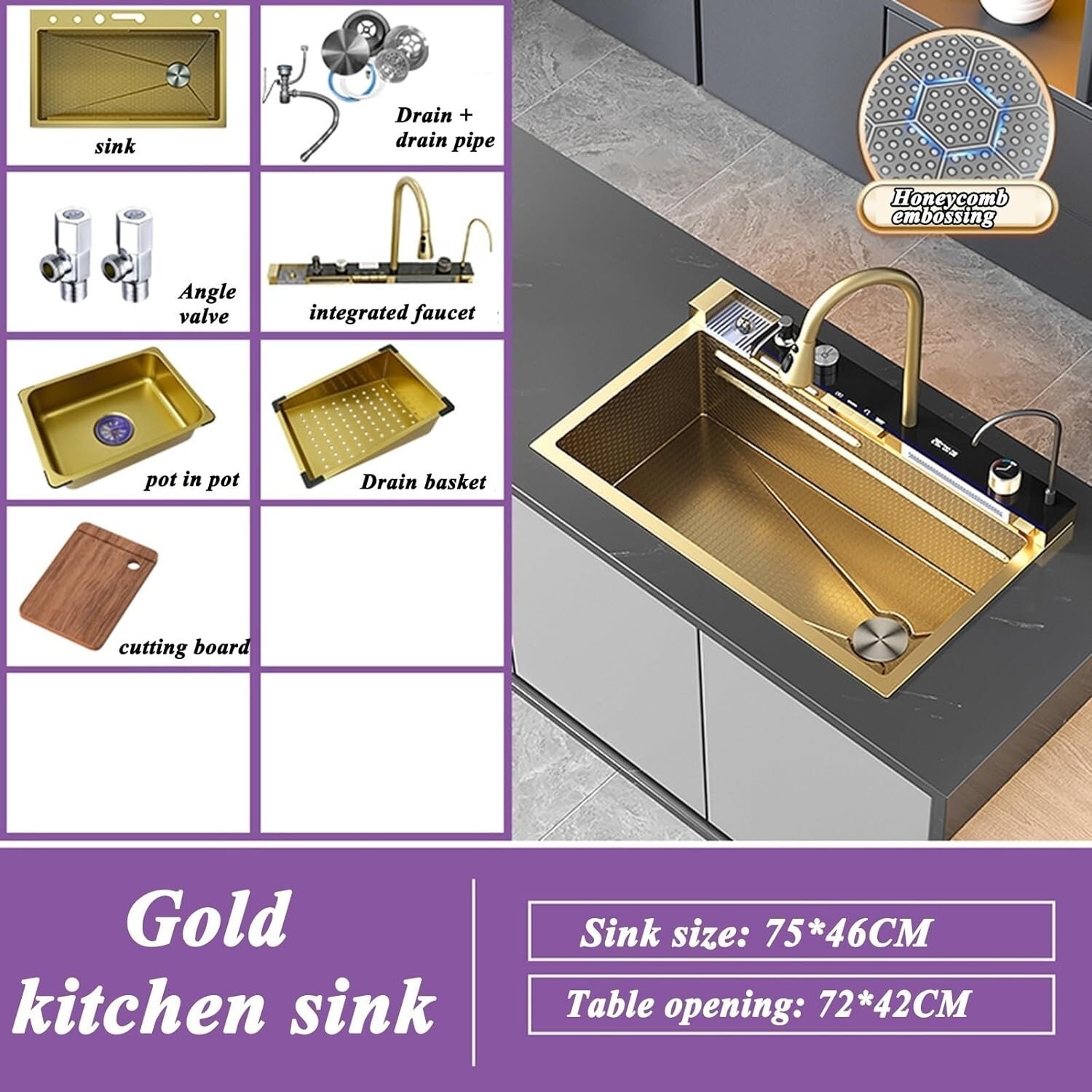 33x22 INCH Nano Gold Flying Rain Waterfall Household Sink Integrated Set