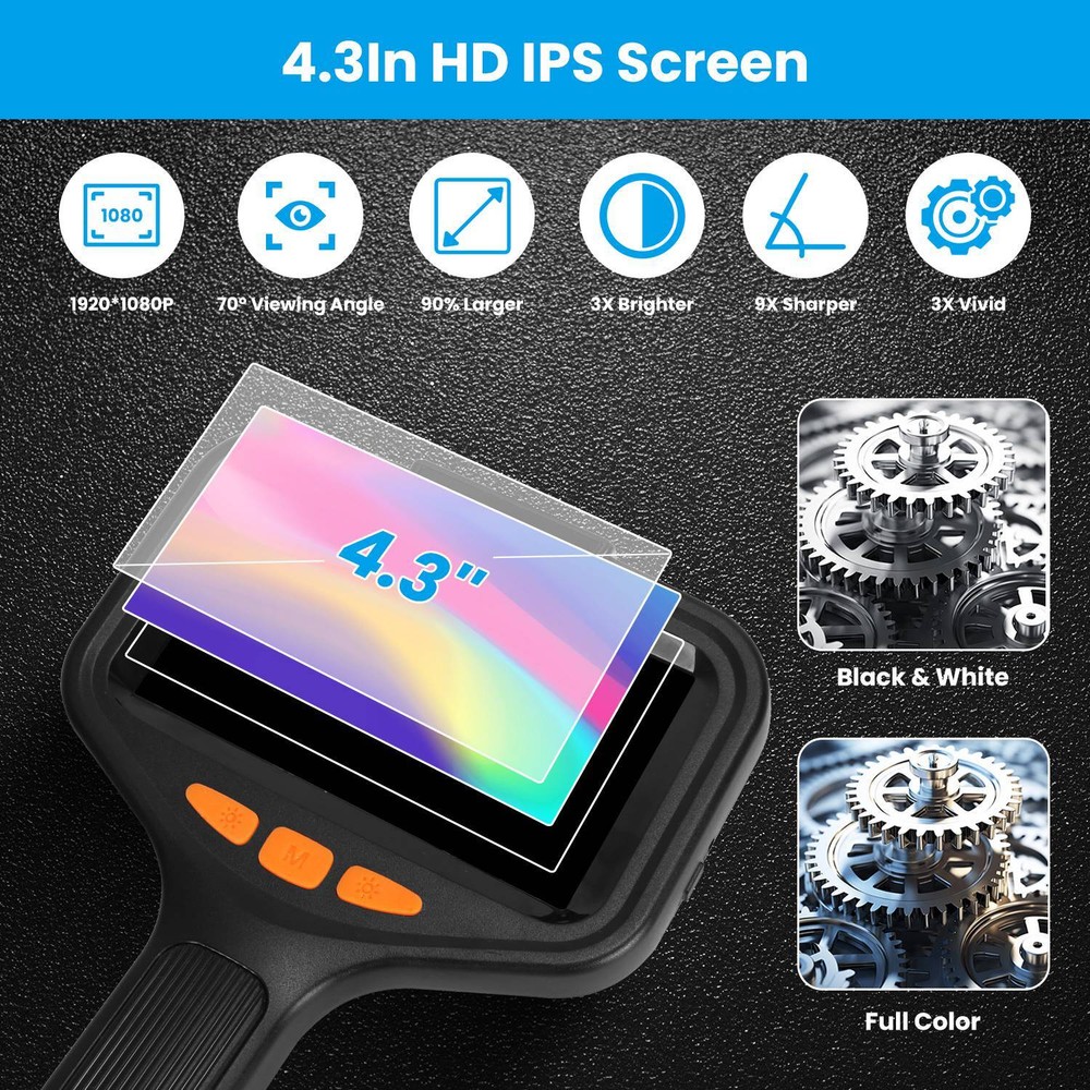 Industrial Borescope Camera w/ Light, LCD Screen Digital Snake w/ 8 LED Lights