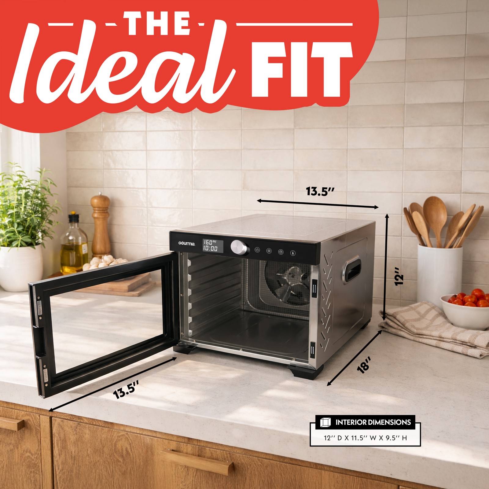 Gourmia 6 Tray Digital Food Dehydrator, Stainless Steel, Timer, Glass Door