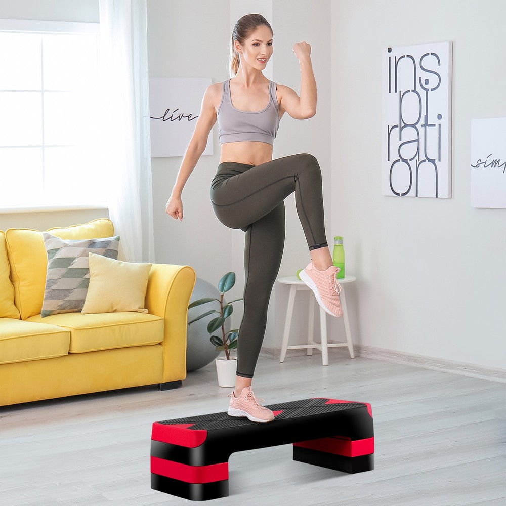Adjustable 27" Aerobic Step Exercise Non-Slip Platform Stepper 4" - 8" Red